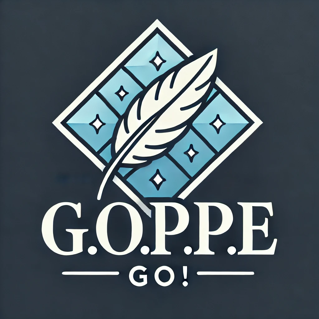 Logo of G.O.P.P.E Go! featuring a quill pen over a blue diamond background with stars.